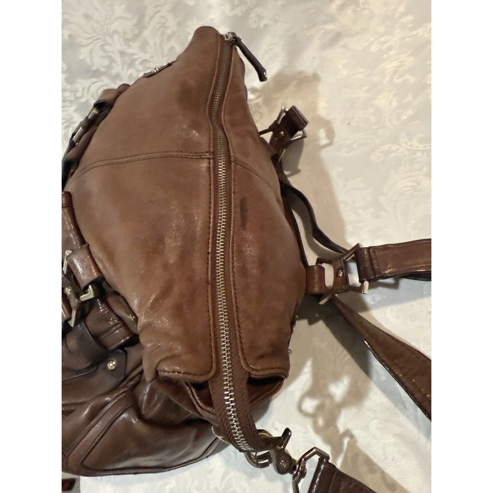 Junior Drake Megan large satchel Purse Bag Brown Leather front utility pockets
